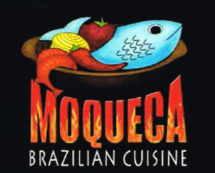 Moqueca Brazilian Restaurant Logo - Showing a fish laying on a plate with vegetables with the words Moqueca Brazilian Cuisine. 